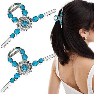2 Turquoise Blue Stone‎ Sun Hair Claw Clip Metal Retro Style Hairpin Hair Clip